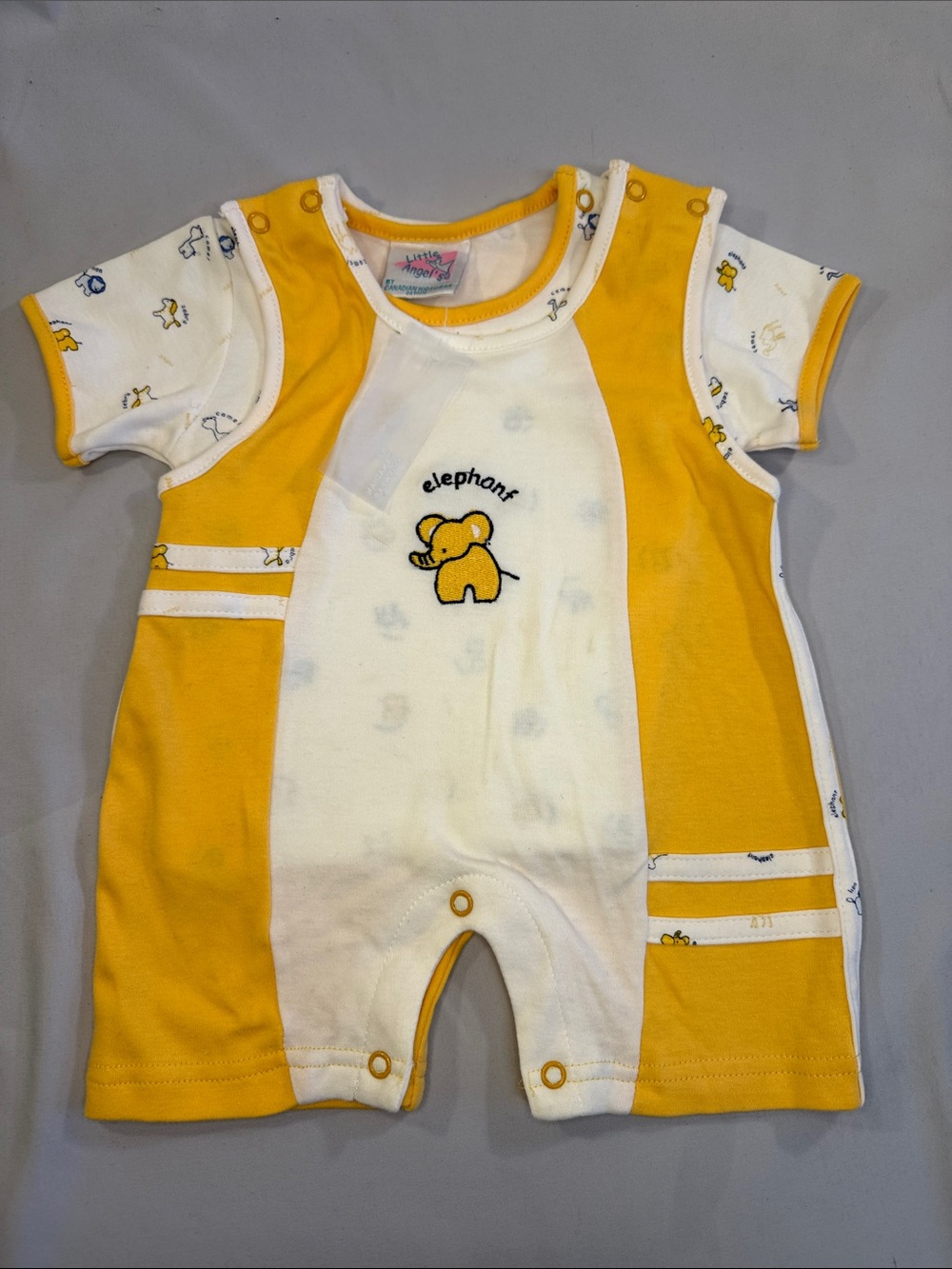 Little Angel - Yellow & White Elephant Short-Sleeve Baby Romper. Canadian made.